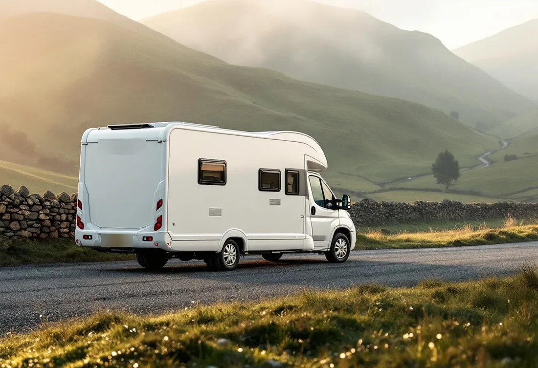 A motorhome parked in a Yorkshire Dales lay-by on a misty morning