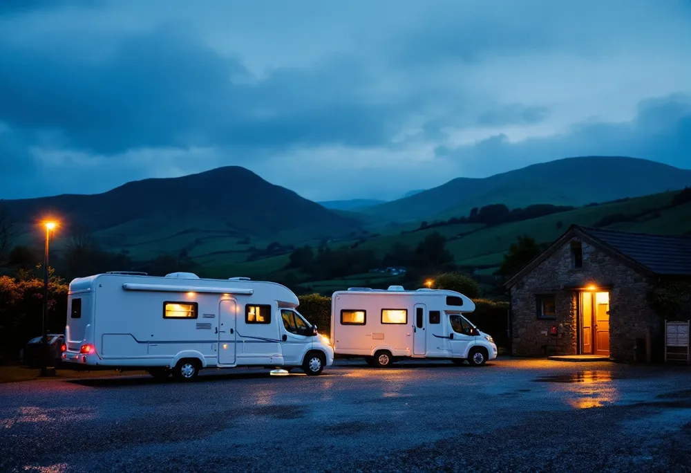 Motorhomes on a quiet forecourt at dusk